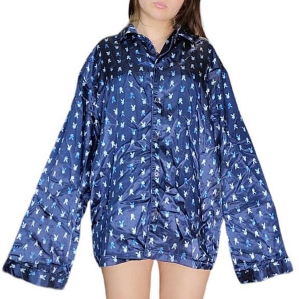 Playboy underwear silky dark blue playboy button up oversized shirt size xl